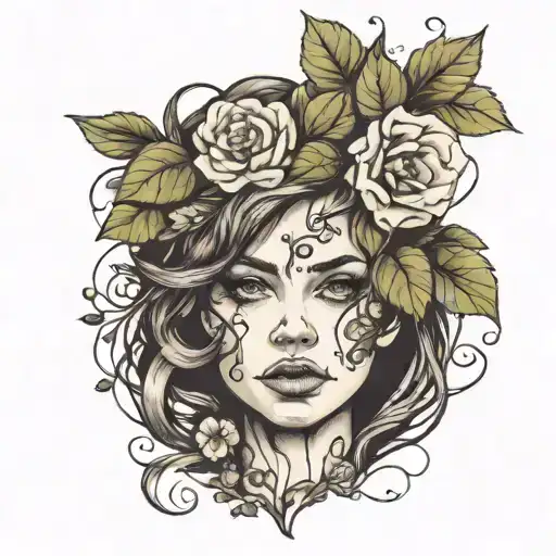 Girls Face With Flowers Growing Out Of Head Growing From Vine