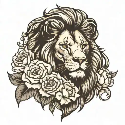 Black And White Lion With Carnation Flowers Behind