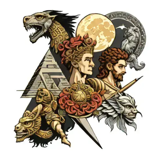 Greek Gods With Roman Gods And Egypt Pyramid Moon