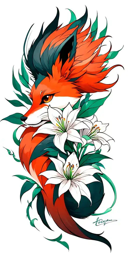 Full Nine Tailed Fox With Spider Lilies Around It