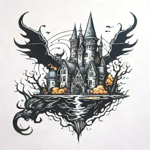 Dark Castle Floating With Witch Casting Spells