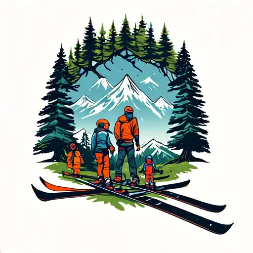 A Family Tree Intertwined With Mountain Skis And Fitness Equipment