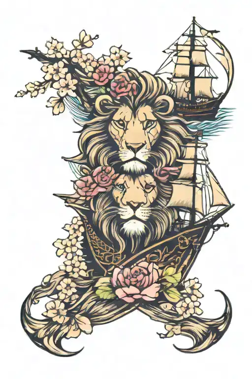 Lion With Cherry Blossoms And A Pirat Ship Sailing Through A Sea