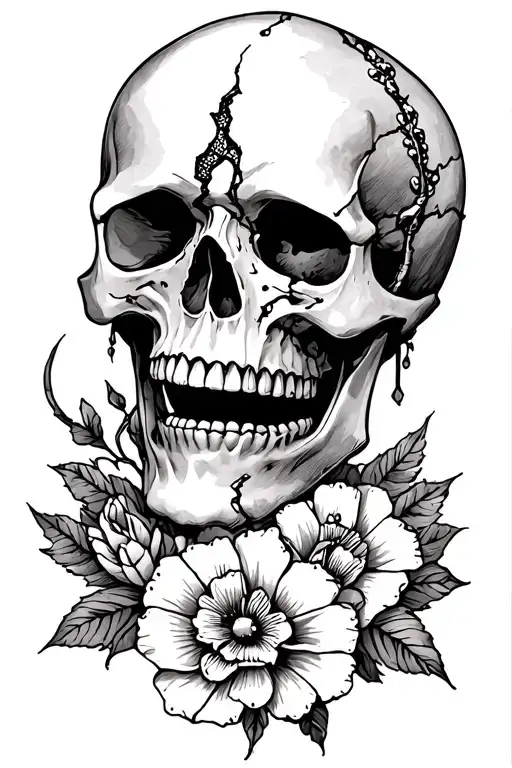 Skull With Broken Jaw And Flower Motif