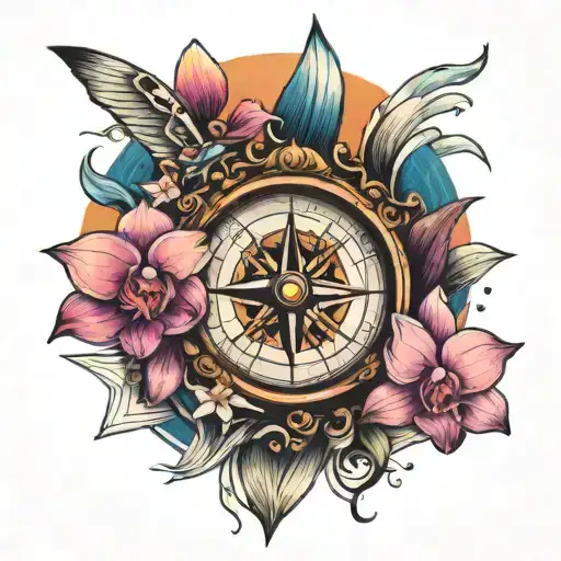 Compass With Waves And Sunset And Orchids Blooming