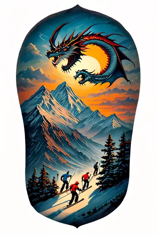 A Mountain Landscape With A Dragon Flying Overhead And A Family Of Skiers Below
