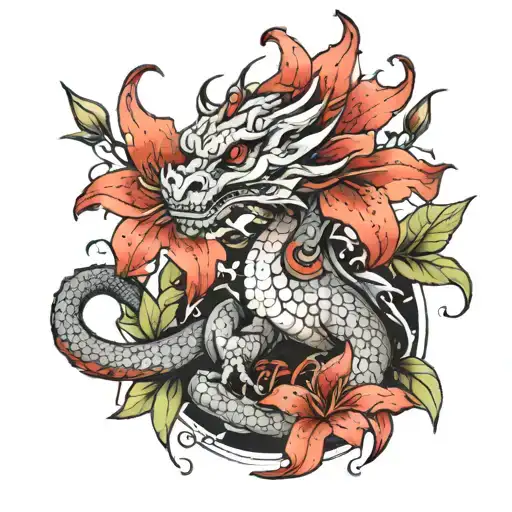 A Wingless Dragon Holds A Red Lily In Its Paw
