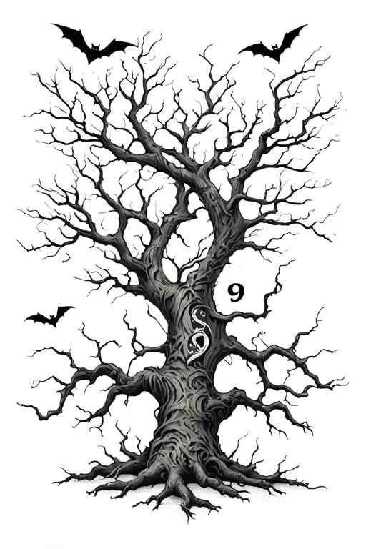 Leafless Tree Forming Number 9 With Bats Flying