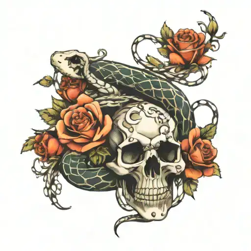 Snake Winding Through A Skeleton Surrounded By Roses And Barbed Wire
