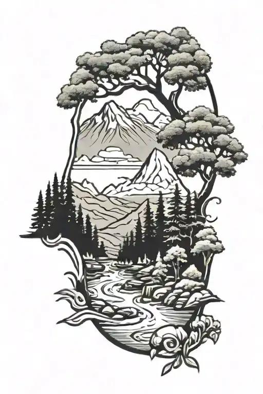 Nature Scene With Mountains Trees And A River