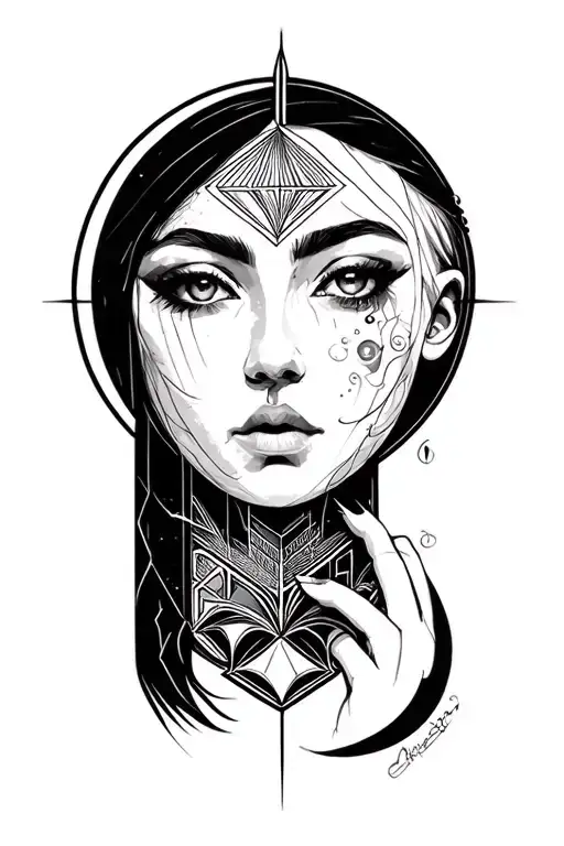 Moon Face With Geometric Sketch