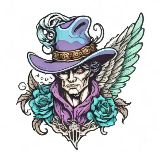 Fallen Angel With A Cowboy Hat With Teal And Purple Wings
