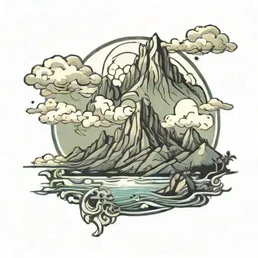 Landscape Background With Mountain And Ocean And With Hindu Symbolic