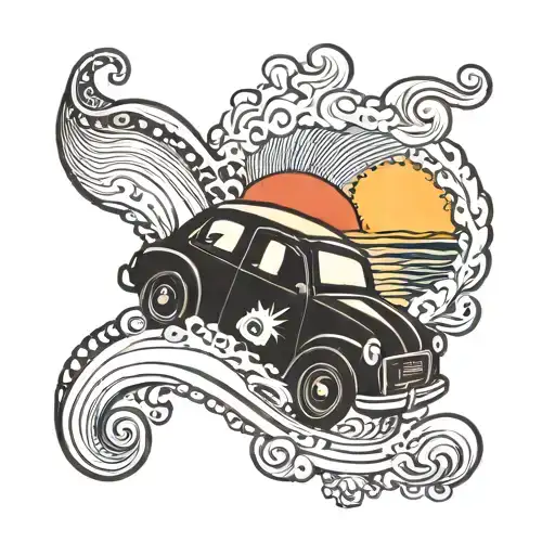 Dainty Love Heart With A Wave And Sun And A Small Car Driving