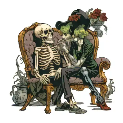 A Skeleton Sitting On A Chair Smokes And A Woman Appears From A Cigarette And Kisses Him