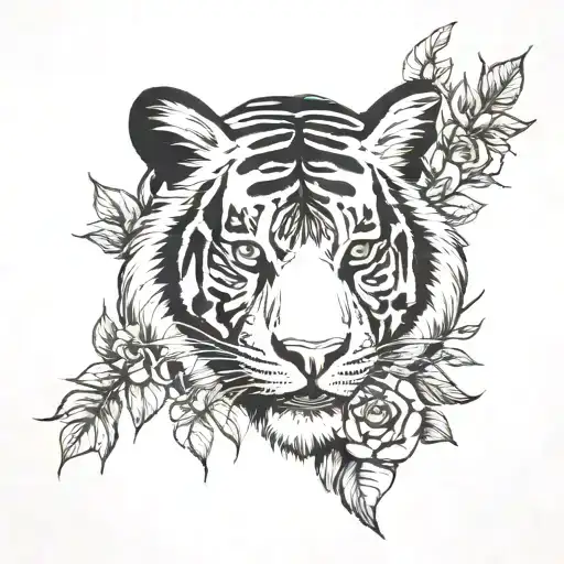 Blackwork Floral Sleeve With Tiger