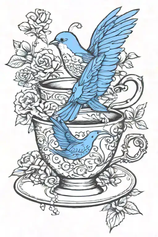 Single Teacup With A Happy Blue Bird English Garden Flowers