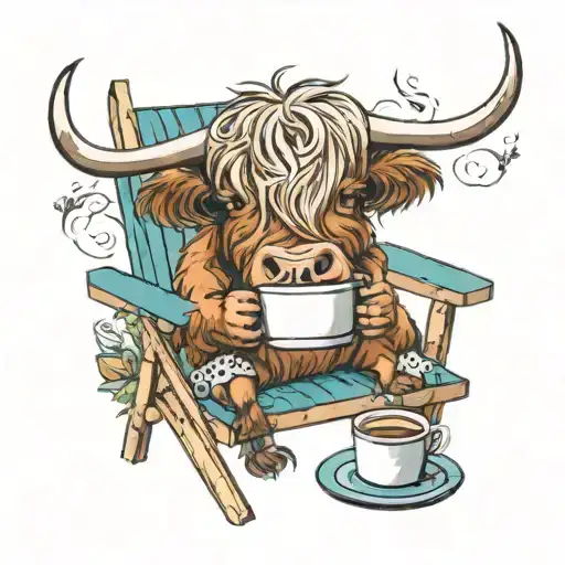 A Realistic Highland Cow Drinking Coffee On A Beach Chair