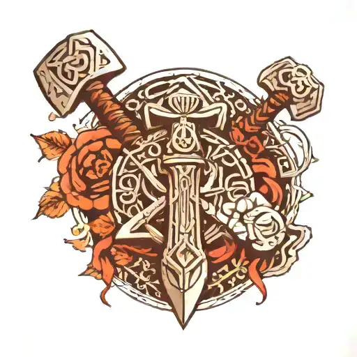 Thor Hammer And Lighting With Nordic Runes