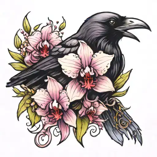 Raven Sitting On Orchid Thigh Piece