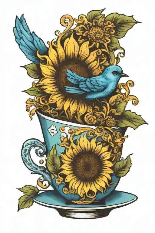 Single Teacup With A Happy Blue Bird Sunflower Incorporated