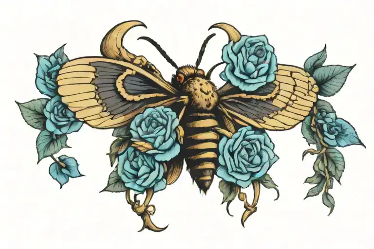 Death's Head Moth In Center With Blue Roses On Either Side
