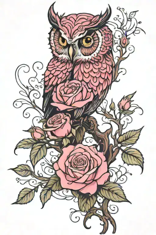 Pink Roses Tangled Owl Perched