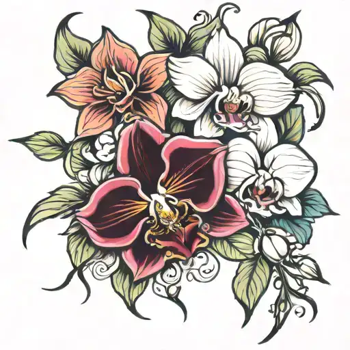 Intertwined Roses And Orchid Flower