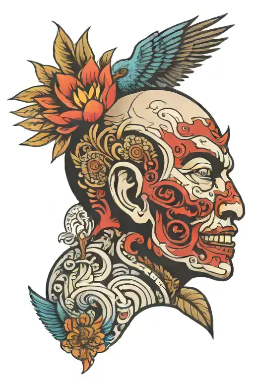 Garuda Bird Inside A Human Head Surrounded