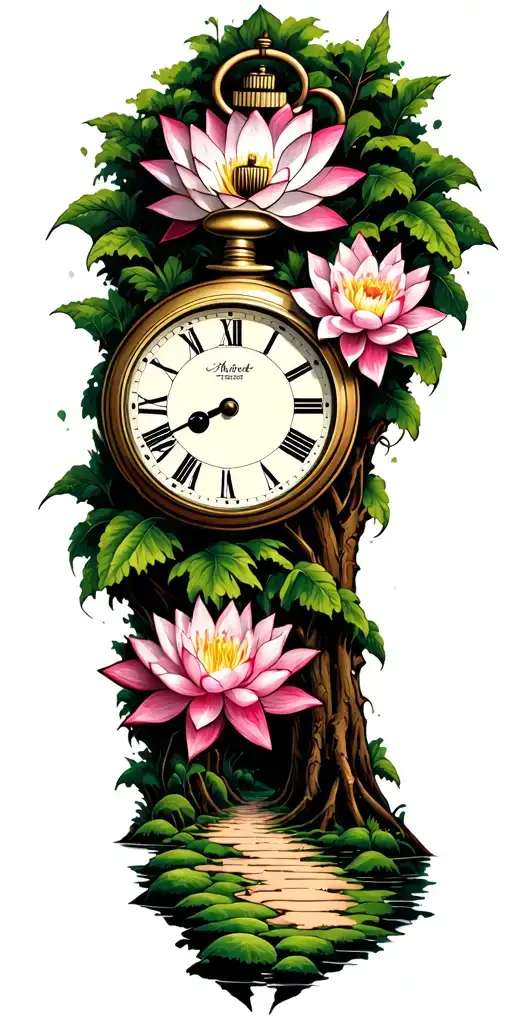 Forest With Path And Pocket Watch And Lotus Flowers