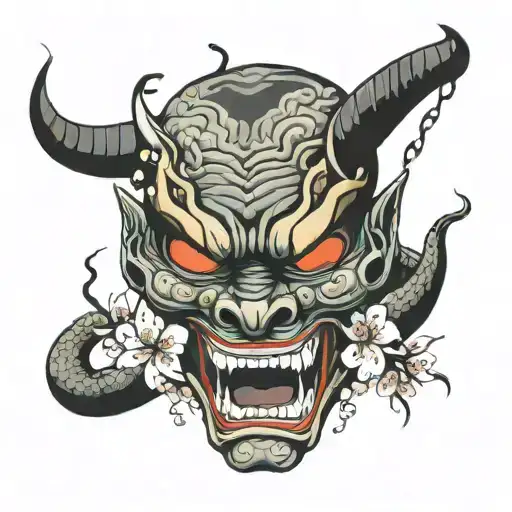 Hannya Mask With Snake Coming Out Of Mouth And Eyes And Cherry Blossoms Around