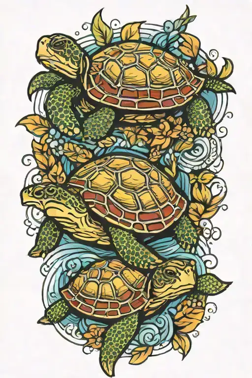 Mom Turtle Surrounded By 2 Baby Turtle Swimming