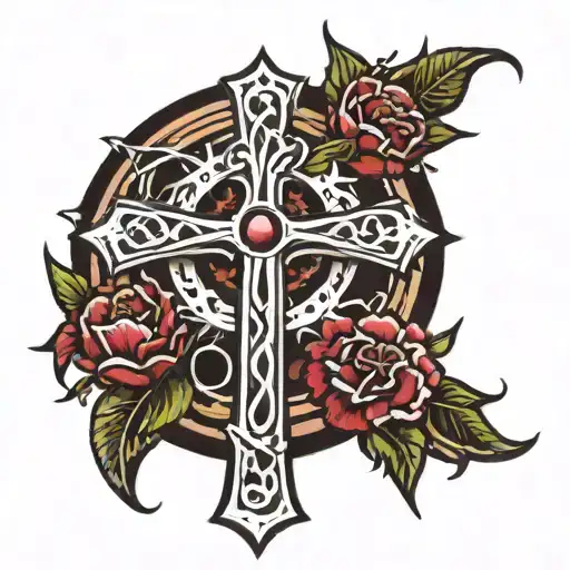 Catholic Cross With Crown Of Thorns And Burgundy Carnations
