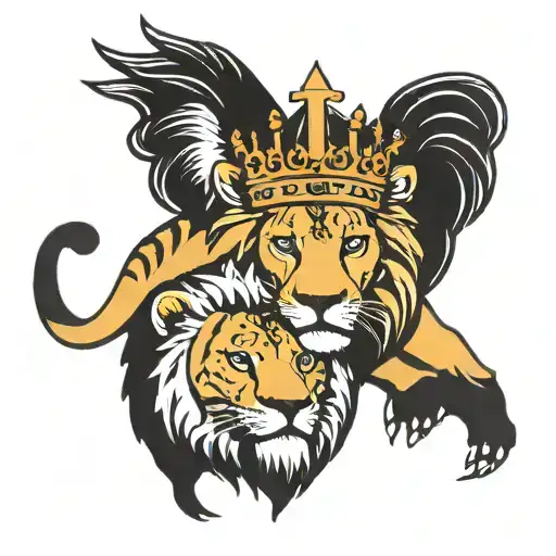 Lion And Lioness Wearing A Crown Showing Strength And Power Protecting