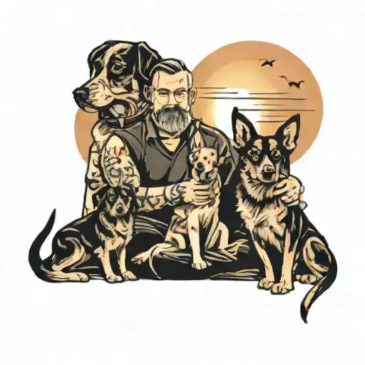 Dad With 2 Daughters Sunset And Dogs