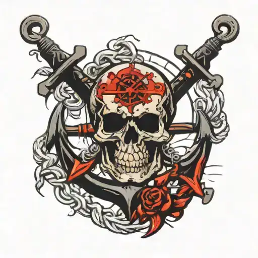 Skull Anchor And Compass Labeled Only Red And Black Colors