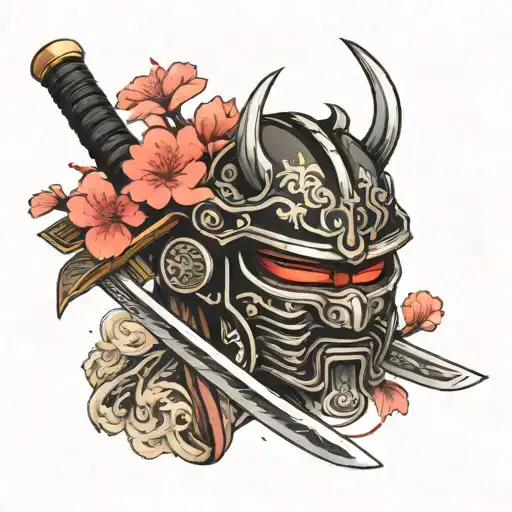 Samurai Mask And Katana With Sakura And Katana