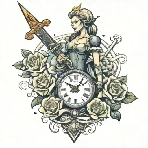 Lady Excalibur Sword Clock Rose Intertwined