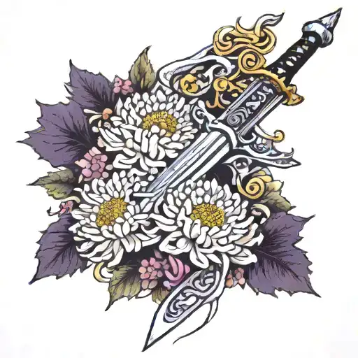 Sword With Chrysanthemums And Violets Wrapping Around It