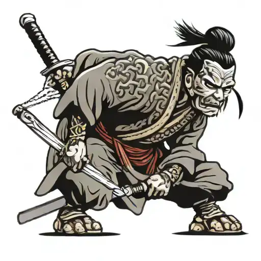 Samurai Stands With His Sword Stuck In The Ground