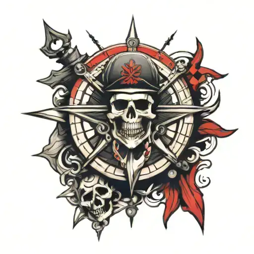 Skull Anchor And Compass Only Red And Black Colors