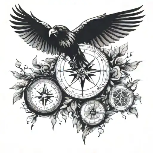 Trees Compass And Raven Flying