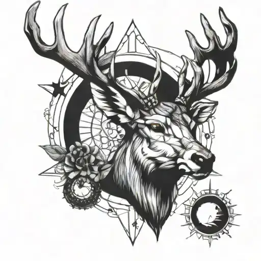 Half Geometric Half Realistic Deer Facing Front With Sun And Moon In Between Antlers