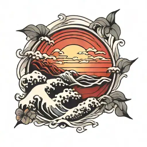 Waves And Red Sunset