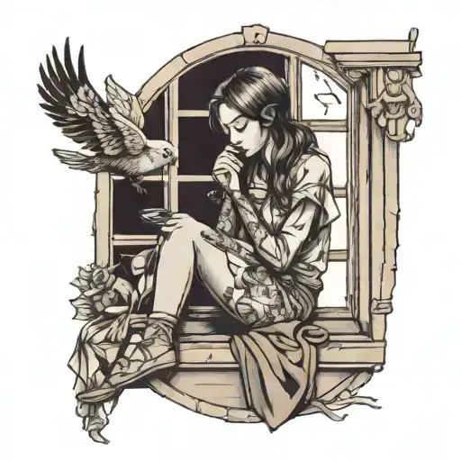 A Girl Sitting By Her Window Drawing And A Little Bird