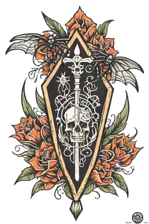 Coffin With The Three Of Swords And Spider Lilly Flower