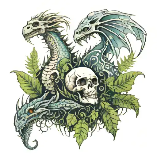 2 Dragons On A Field With Ferns And A Skull With Glowing Mushrooms In Its Eyes