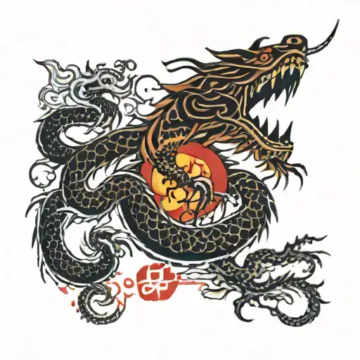 Japanese Rising Sun Behind A Chinese Dragon