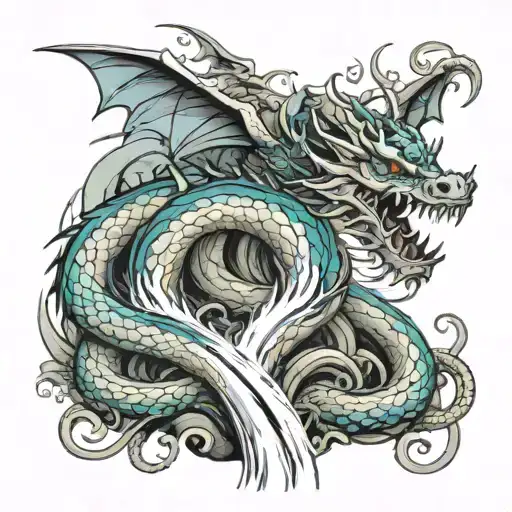 A Dragon Wraps Around The Waterfall With A Snake Body