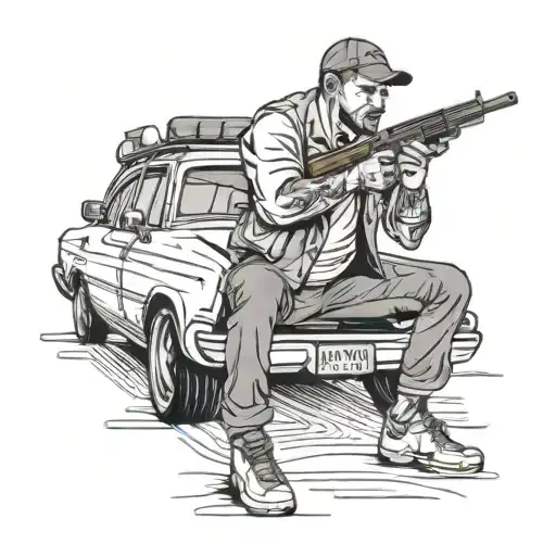 A Man Shoots A Gun From Behind A Car While Kneeling On His Right Knee